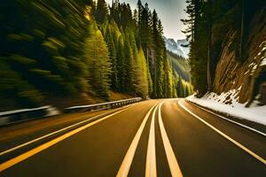 un la carretera en el montañas con arboles y nieve. generado por ai foto