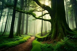 un camino mediante un verde bosque con cubierto de musgo arboles generado por ai foto