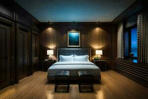 a bedroom with dark wood paneling and a bed. AI-Generated photo