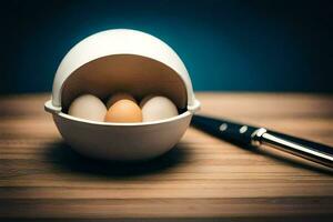 eggs in a basket with a knife. AI-Generated photo