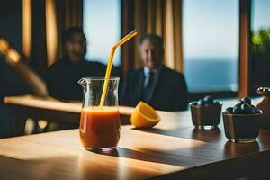 un vaso de naranja jugo en un mesa con dos hombres en trajes. generado por ai foto