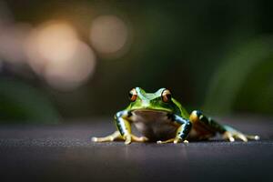 a frog sitting on a table with a blurry background. AI-Generated photo