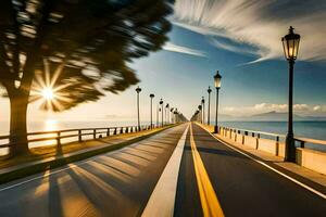 un largo la carretera con un puente y arboles en el antecedentes. generado por ai foto