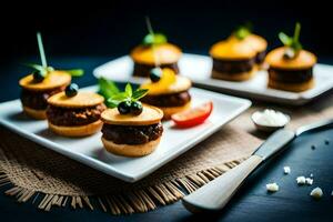 small appetizers on white plates with olive and cheese. AI-Generated photo