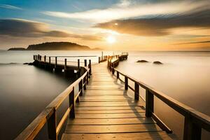 a wooden bridge leads to the ocean at sunset. AI-Generated photo