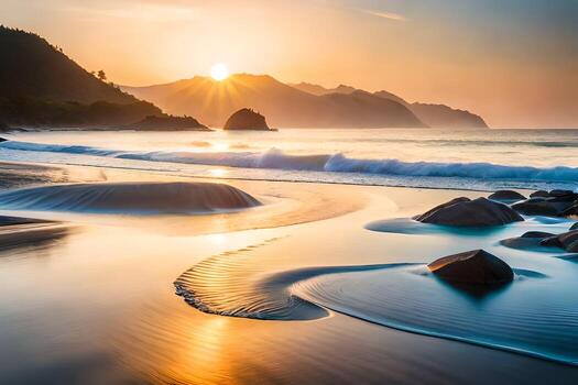 el Dom conjuntos terminado un playa con olas y rocas generado por ai foto