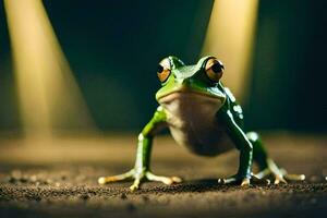 a frog is standing on the ground with bright lights. AI-Generated photo