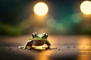 a frog sitting on the ground in front of a blurry light. AI-Generated photo