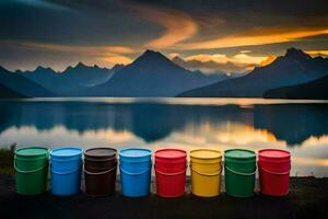 colorful buckets sit on the shore of a lake with mountains in the background. AI-Generated photo