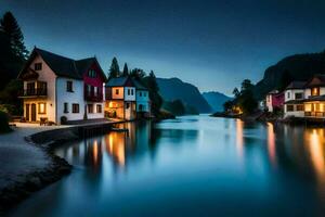 casas en el río a noche en un ciudad. generado por ai foto