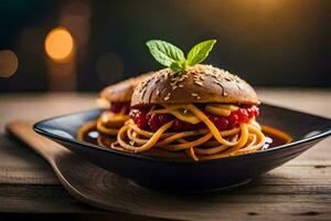a plate with spaghetti and meatballs on it. AI-Generated photo