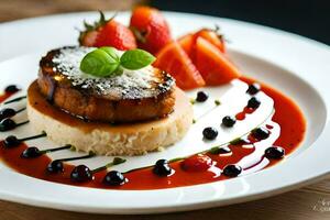 un plato con un carne plato y fresas generado por ai foto