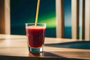 a glass of juice with a straw. AI-Generated photo