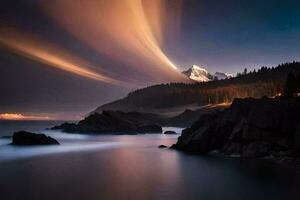 un montaña y un lago son iluminado arriba por un largo exposición. generado por ai foto