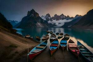 barcos atracado a el apuntalar de un lago con montañas en el antecedentes. generado por ai foto