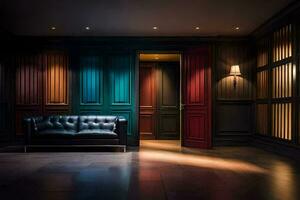 a room with a black leather couch and colorful walls. AI-Generated photo