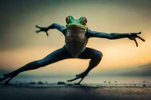 a frog jumping in the air with its legs spread. AI-Generated photo