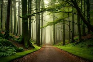 a path through a green forest with trees and fog. AI-Generated photo