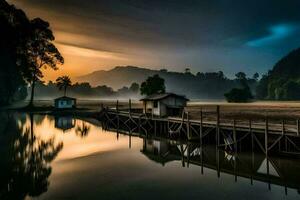 a boat dock in the middle of a lake at sunset. AI-Generated photo