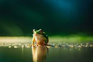 a frog sitting on the ground in the dark. AI-Generated photo