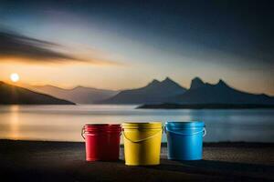 three buckets sit on the ground in front of a lake. AI-Generated photo