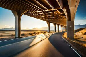 un autopista debajo un puente con un puesta de sol en el antecedentes. generado por ai foto