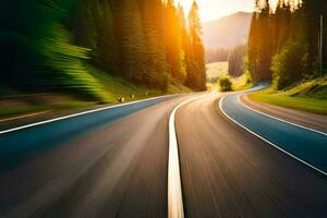 a blurry image of a road with trees and mountains in the background. AI-Generated photo