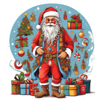 Santa dressed like a hippie, with Christmas gifts, a Christmas theme, illustration,  T-shirt design, vector, white background, full-view png