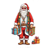 Santa dressed like a hippie, with Christmas gifts, a Christmas theme, illustration,  T-shirt design, vector, white background, full-view png