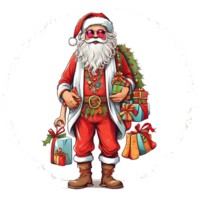 Santa dressed like a hippie, with Christmas gifts, a Christmas theme, illustration,  T-shirt design, vector, white background, full-view png