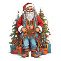 Santa dressed like a hippie, with Christmas gifts, a Christmas theme, illustration,  T-shirt design, vector, white background, full-view png