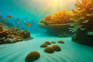 the sun shines over a coral reef and fish. AI-Generated photo