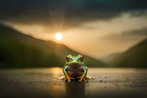 a frog sitting on the road at sunset. AI-Generated photo