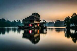 un casa flotante se sienta en el agua a puesta de sol. generado por ai foto