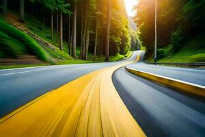 un amarillo línea en el la carretera en el bosque. generado por ai foto