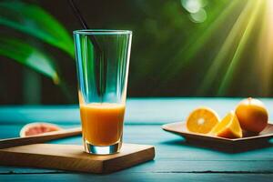 naranja jugo en un vaso en un de madera mesa. generado por ai foto