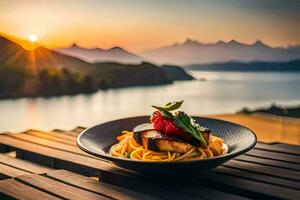 a plate of pasta with a view of the lake. AI-Generated photo