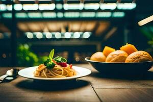 a plate of spaghetti and bread on a table. AI-Generated photo