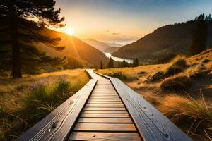 de madera camino líder a el puesta de sol en el montañas. generado por ai foto