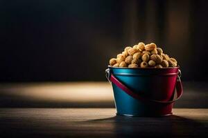 a bucket filled with peanuts on a table. AI-Generated photo