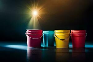 three buckets with bright light shining on them. AI-Generated photo