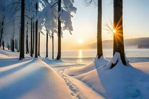 snow covered trees and the sun setting over a lake. AI-Generated photo