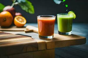 two juices sit on a cutting board with oranges and apples. AI-Generated photo