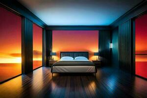 a bedroom with a sunset view. AI-Generated photo