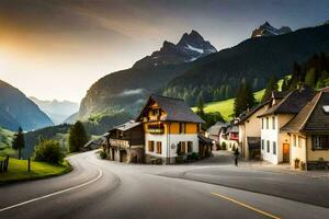 a road in the mountains with houses and mountains in the background. AI-Generated photo