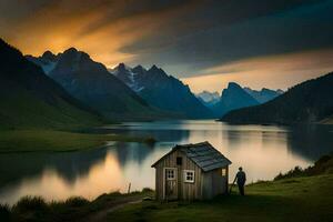 the man stands in front of the cabin in the middle of the lake. AI-Generated photo