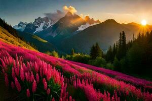 the sun rises over the mountains and pink flowers bloom in the foreground. AI-Generated photo