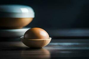 an egg sitting in a bowl on a table. AI-Generated photo