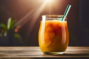 a glass of orange juice with a straw. AI-Generated photo