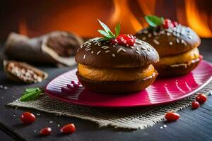 two hamburgers on a pink plate with berries. AI-Generated photo